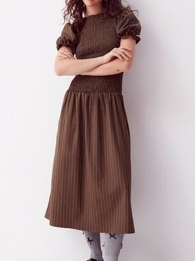 Daisy Street chocolate brown striped smocked midi dress NWT